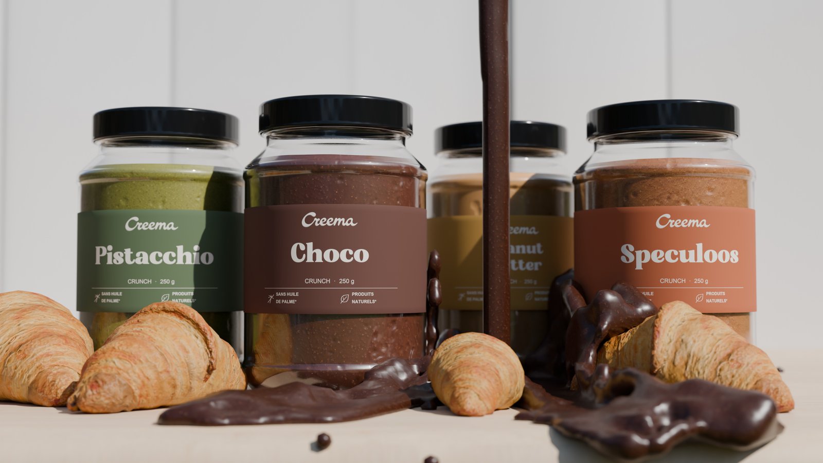 Les saveurs Creema : chocolat, spéculoos, beurre de cacahuète et pistache.